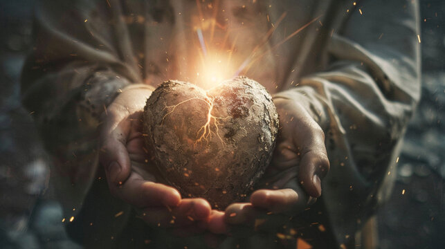 A broken heart being mended as Jesus holds it in His hands, with light streaming through the cracks