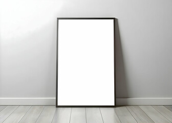 Empty Vertical Frame Mockup for Wall Art and Poster Against Grey Wooden Background