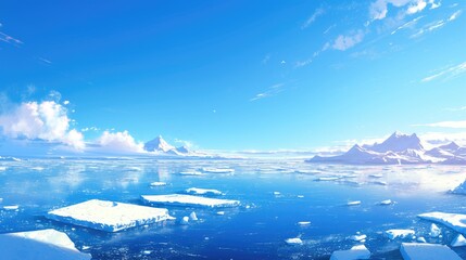 A stunning blue sky with puffy clouds, overlooking a frozen sea, scattered with ice floes and snow-capped mountains.
