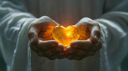 A glowing heart symbolizing a healed soul, held in Jesus' hands, with a peaceful expression on His face