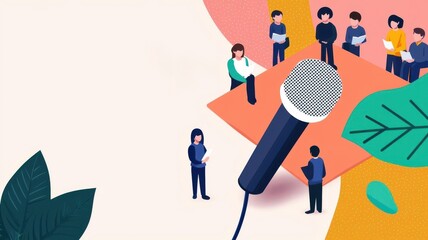 A vibrant illustration of a microphone with people engaged in discussion, symbolizing communication and collaboration.