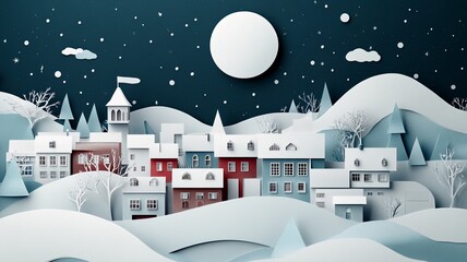 Naklejka premium Winter Snow Urban Countryside Landscape City Village with full moon,paper art and digital craft style.