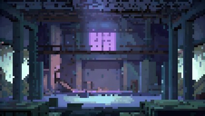 The interior of an abandoned factory pixel art background. 8-bit game assets