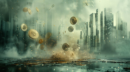 Fototapeta premium Bitcoin cryptocurrency crashing down exploding on pavement with dust and smoke in the air with city skyline in background