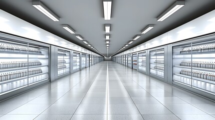 Obraz premium Empty Grocery Store Aisle with Refrigerated Shelving