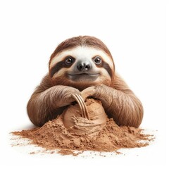 Fototapeta premium A cheerful sloth happily playing in a pile of sand, showcasing its adorable features and playful nature.