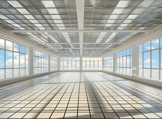 Obraz premium Modern Empty Room With Large Windows and White Tiled Floor