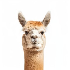 Obraz premium A close-up portrait of an alpaca with a soft expression, showcasing its unique features and fluffy fur against a white background.