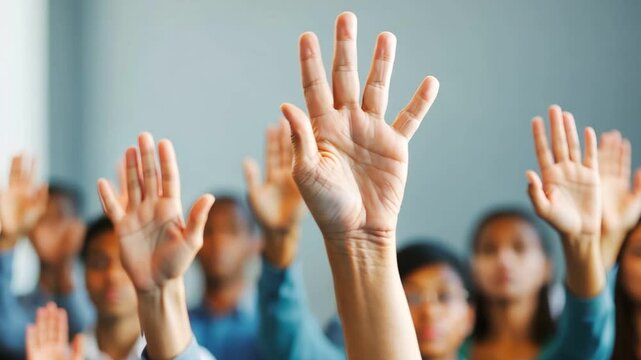 A group of people raising their hands during a meeting or business classroom session