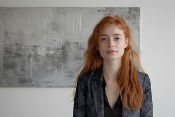 Fototapeta premium Redhead Woman in Sparkly Blazer, Office Portrait