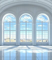 White Room with Arched Windows and City View