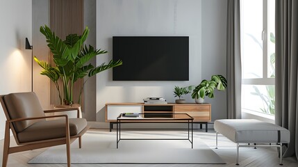 Eye-pleasing room with minimal dcor focused on a contemporary movie poster encased in a wooden frame AI generated illustration