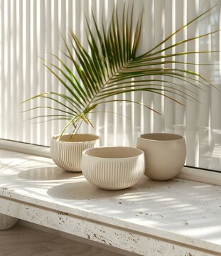 Minimalist Home Decor With Palm Leaf and Ceramic Pots