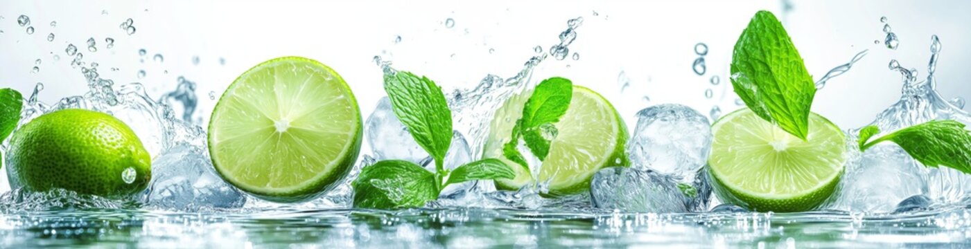 green lime, slices and menthol leaves with melting ice cubes and water splashes effects . aspect ratio 4157:1058