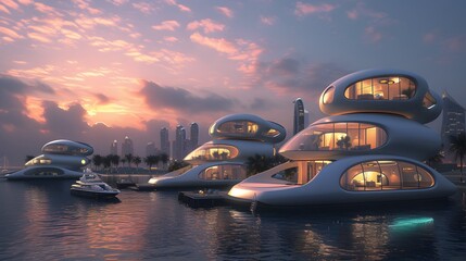 Obraz premium Floating futuristic homes in a technologically advanced city AI generated illustration