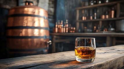 A glass of whiskey in old oak barrel. Copper alambic on background. Traditional alcohol distillery...