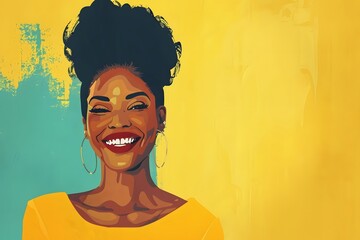 Smiling Black Woman in Yellow on Teal Background