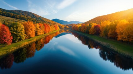 Naklejka premium A scenic view of a river flowing through a valley, reflecting the colorful trees on its banks, enhancing the beauty of the autumn landscape.
