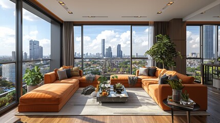 Fototapeta premium Modern living room with panoramic city views and vibrant orange furniture in a high-rise apartment during daylight