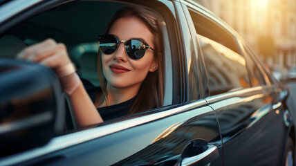 Smiling young woman sitting behind the wheel with a phone. Happy lifestyle.