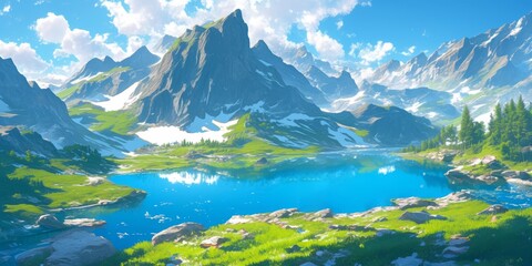 Dreamy Anime Couple Camping Adventure: Sunrise Coffee by Mountain Lake. Romantic Spring and Summer Getaway Illustration for Travel Marketing. AI-Generated Art for UI Design, Posters, and High-Resoluti