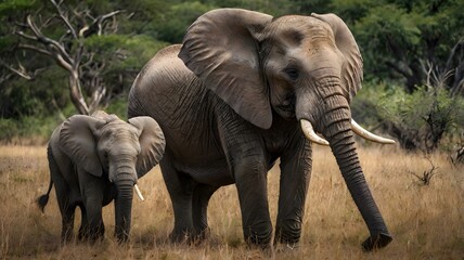 Obraz premium The sight of elephants gracefully moving through the grasslands is a powerful reminder of the beauty and wonder of our natural world. Let's work together to ensure their future generations can thrive