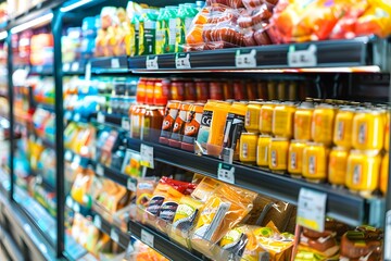 Fototapeta premium Supermarket Shelves with Food Products in Glass Cooled Display