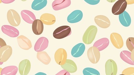 Seamless pattern of colorful coffee beans in pastel hues on a light beige background. Ideal for playful, modern designs.