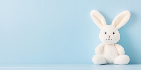 White plush bunny toy sitting on a light blue background. Adorable and minimalistic holiday concept.
