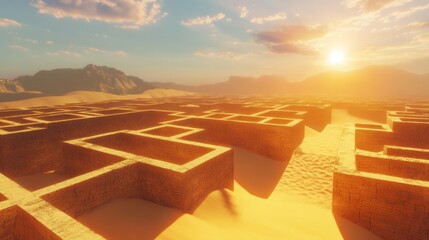 Desert Maze at Sunset - A vast, intricate maze set in a sunlit desert landscape, bathed in warm golden hues, evoking a sense of adventure and mystery.