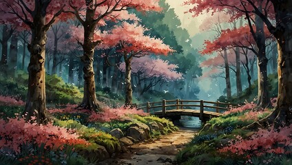 Naklejka premium A serene colorful forest path with a small bridge over a stream. Pink blossoms and trees line the way.