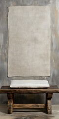 Rustic Wooden Bench with Linen Cushion Against a Concrete Wall