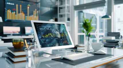 Computer displaying a financial chart is sitting on a desk in a modern office
