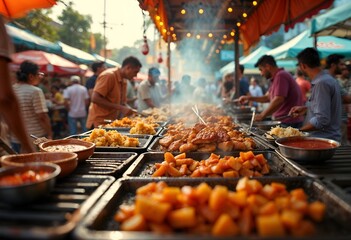 Naklejka premium Vibrant Street Food Market: Culinary Artisans Prepare Fresh Delicacies for Hungry Crowds