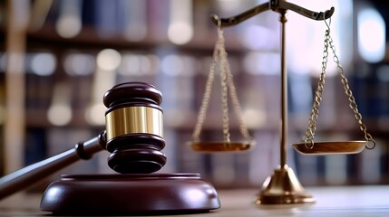 Gavel and Scales of Justice on Table with Blurred Books, Copy Space for Legal Text Stock Photo