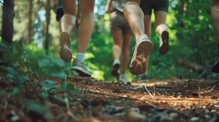 Running in Forest: Legs and shoes of four young adults running through a forest.