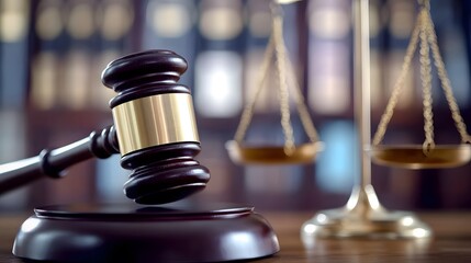 Legal Gavel and Scales on Table with Blurred Book Background, Text Space for Legal Stock Image