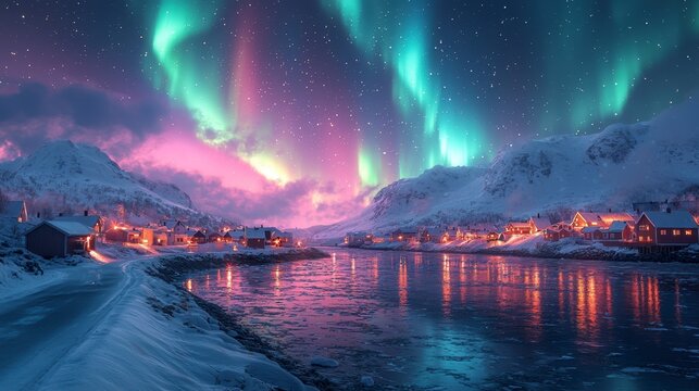 The beautiful northern lights over the icy road illuminate the snowy village. A magical polar night.