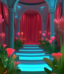 Blue Neon Steps and Red Curtains With Flowers