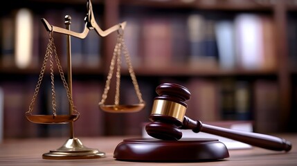 Legal Gavel and Scales on Table with Blurred Book Background, Text Space for Legal Stock Image