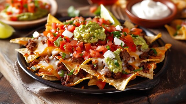 A close-up shot of a plate of carne asada nachos, with melted cheese, guacamole, and sour cream.