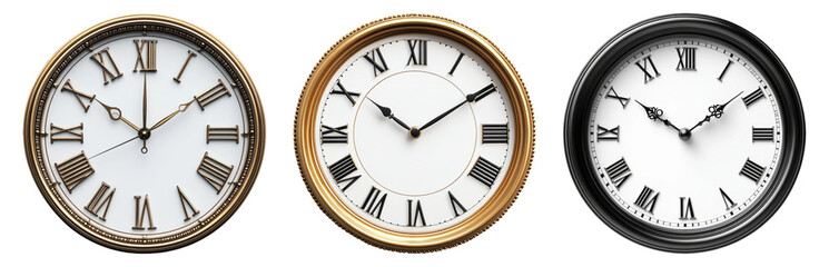 Wall clock set isolated on transparent background with roman numerals