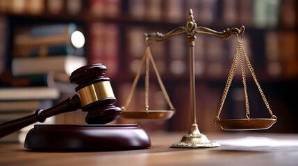 Legal Gavel and Scales on Table with Blurred Book Background, Text Space for Legal Stock Image