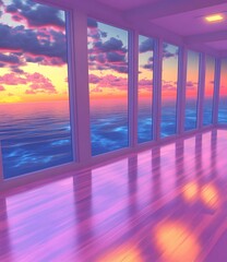 Fototapeta premium Sunset Sea View From Large Windows