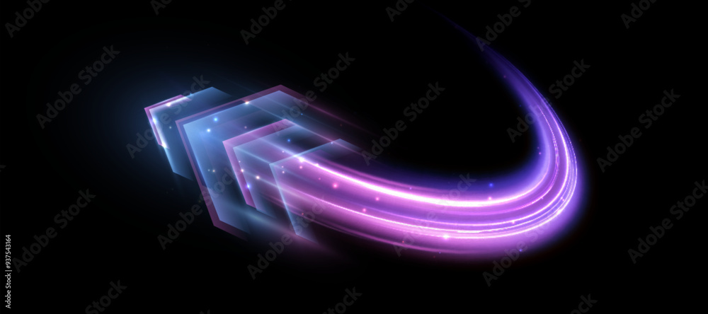 Poster Light effect of high-speed movement of the speed of light along a curved trajectory. Dynamic movement of the high-speed arrow of light energy. 