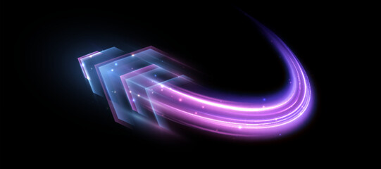 Light effect of high-speed movement of the speed of light along a curved trajectory. Dynamic movement of the high-speed arrow of light energy. 