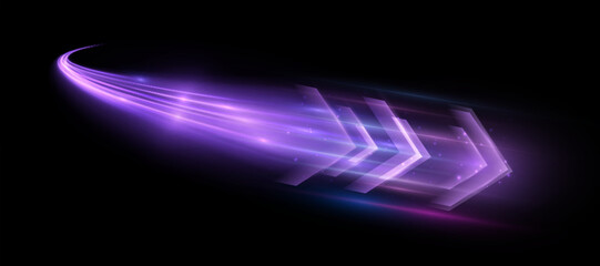 Light effect of high speed movement of light high speed arrow bright purple glow. Dynamic movement of high speed arrow of light energy. Vector