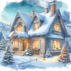 Cozy Winter House: Photorealistic Watercolor Christmas Illustration