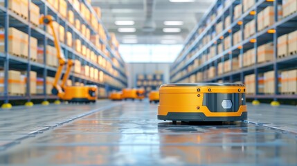 Automated robot working in a modern warehouse, showcasing advanced technology and efficiency with shelves of goods in the background.