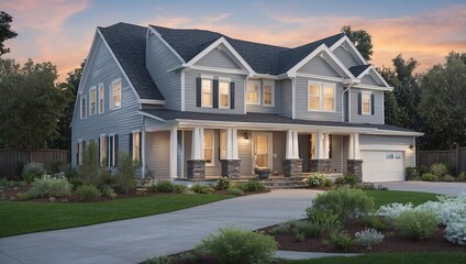 Two-story house with gray siding and white trim, front porch, and double-car garage, surrounded by green landscaping and twilight blue sky